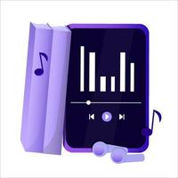 tablette violette avec des livres à l'arrière et des écouteurs à l'avant