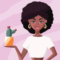 belle jeune femme noire en chemise blanche tenant un cactus. fille confiante avec des cheveux afro et des boucles d'oreilles en or sur fond rose. illustration vectorielle colorée.