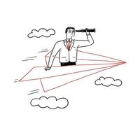 homme d'affaires volant avec un avion en papier à l'aide d'un télescope