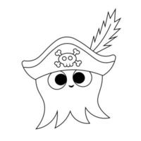 pirate de poulpe de dessin animé mignon. dessiner une illustration en noir et blanc vecteur