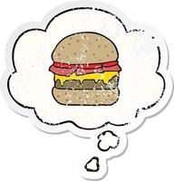 burger de dessin animé et bulle de pensée comme un autocollant usé en détresse vecteur
