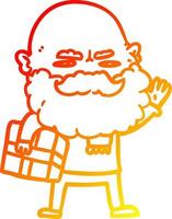 ligne de gradient chaud dessinant un homme de dessin animé avec une barbe fronçant les sourcils avec un cadeau de noël vecteur