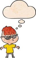 dessin animé garçon portant des lunettes de soleil et bulle de pensée dans le style de motif de texture grunge vecteur