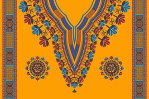motif de broderie de fleurs à encolure colorée de dashiki africain avec bordure d'éléments de décoration sur fond jaune. mode de chemises d'art tribal africain. vecteur
