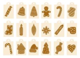 Ensemble d'étiquettes de cadeaux de biscuits de pain d'épice de noël, conception de célébration de vacances traditionnelle dessinée à la main dans un style doodle décoré avec du sucre glace d'aliments sucrés d'hiver vecteur