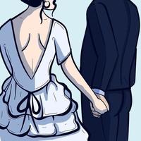 mariée et balai portant une robe de mariée et un costume. vue arrière d'un couple célébrant leur amour. image romantique d'une cérémonie. deux personnes ensemble.