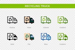 icône de camion de recyclage dans un style différent. icônes vectorielles de camion de recyclage conçues en style contour, solide, coloré, rempli, dégradé et plat. symbole, illustration de logo. illustration vectorielle vecteur