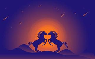 illustration de deux chevaux debout, luttant pour la force, chevaux faisant l'amour, sur le fond du cercle de la lune et des montagnes vecteur