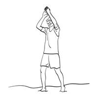 dessin au trait sur toute la longueur du joueur de volley-ball de plage chiant ses mains après avoir remporté le jeu illustration vecteur dessiné à la main isolé sur fond blanc