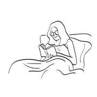 dessin au trait femme avec des lunettes lisant un livre sur la chambre à coucher pendant la nuit illustration vecteur dessiné à la main isolé sur fond blanc