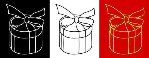 icône ronde de boîtes de vacances cadeau avec des arcs sur le dessus. cadeaux et surprises pour le nouvel an 2021 et anniversaire. vecteur noir et blanc