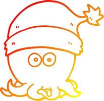 ligne de gradient chaud dessinant une pieuvre de dessin animé portant un chapeau de noël vecteur