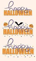 ensemble d'images vectorielles de lettrage d'halloween heureux avec des chauves-souris volantes et de la citrouille. jolie phrase pour les impressions, les étiquettes, les panneaux, les autocollants vecteur