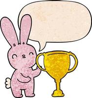 mignon dessin animé lapin et coupe du trophée sportif et bulle de dialogue dans un style de texture rétro vecteur