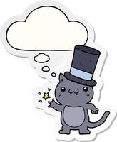chat de dessin animé portant un chapeau haut de forme et une bulle de pensée sous forme d'autocollant imprimé vecteur