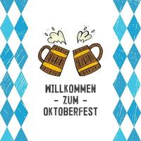 oktoberfest 2022 - fête de la bière. éléments de griffonnage dessinés à la main. fête traditionnelle allemande. chope de bière en bois sur fond blanc avec losanges bleus et lettrage. vecteur