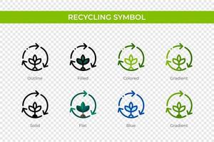 icône de symbole de recyclage dans un style différent. icônes vectorielles de symbole de recyclage conçues dans le style contour, solide, coloré, rempli, dégradé et plat. symbole, illustration de logo. illustration vectorielle