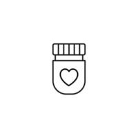 concept de romance et d'amour. signes de contour monochromes vectoriels dessinés dans un style plat. parfait pour la publicité, les articles, les magasins, les pages Internet. icône de ligne de coeur sur une bouteille avec des médicaments ou des médicaments vecteur