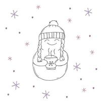 mignon bonhomme de neige avec des flocons de neige violets et roses sur fond blanc. illustration vectorielle dans un style doodle. humeur d'hiver. bonjour 2023. joyeux noël et bonne année. vecteur