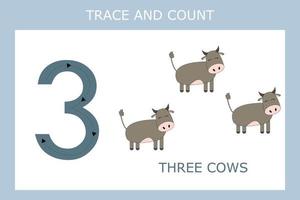 feuille de travail numéro trois avec des vaches pour la motricité fine des enfants. jeu éducatif pour les enfants d'âge préscolaire. vecteur