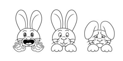 ensemble d'images monochromes, mignons petits lapins en style dessin animé, lapin offensé, lapins mignons moelleux. illustration vectorielle vecteur