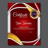 certificat de modèle de récompense, couleur or et dégradé rouge. contient un certificat moderne avec un badge en or vecteur
