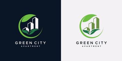 modèle de conception de logo de construction de ville verte avec élément feuille et concept créatif vecteur