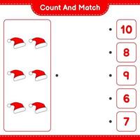 comptez et faites correspondre, comptez le nombre de bonnets de noel et faites correspondre les bons chiffres. jeu éducatif pour enfants, feuille de calcul imprimable, illustration vectorielle vecteur