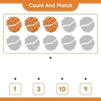 compter et faire correspondre, compter le nombre de cookies et faire correspondre les bons chiffres. jeu éducatif pour enfants, feuille de calcul imprimable, illustration vectorielle vecteur