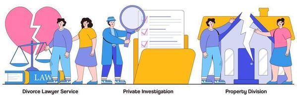 avocat de divorce, enquête privée, concept de division de propriété avec de minuscules personnes. ensemble d'illustrations vectorielles de service juridique et d'enquête. avocat de la famille, agence de détectives, métaphore de la séparation vecteur