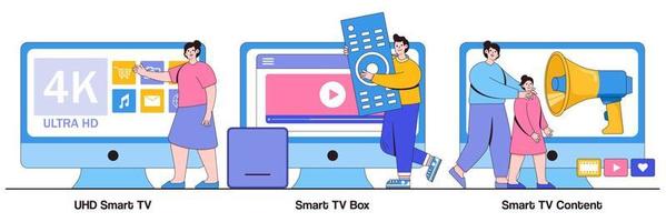 uhd smart tv, smart tv box, concept de contenu vidéo 4k avec de minuscules personnes. regarder le jeu d'illustrations vectorielles tv. cinéma à domicile, service de vidéo en ligne, temps libre, métaphore de la télévision vecteur