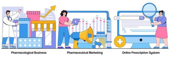 entreprise de pharmacologie, marketing pharmaceutique et pack illustré de système de prescription en ligne vecteur