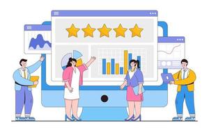 gestion de la réputation en ligne, analyse des commentaires, stratégie pour augmenter la satisfaction et gagner la confiance des clients. l'équipe marketing surveille la notation des étoiles pour développer et améliorer le classement positif de la marque vecteur