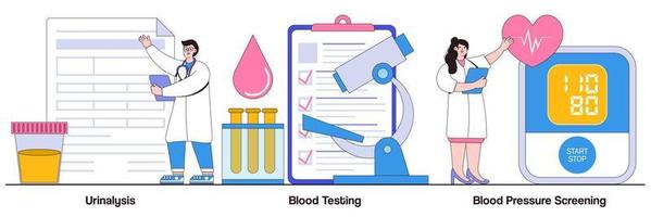 analyse d'urine, tests sanguins, concept de dépistage de la pression artérielle avec des personnes minuscules. ensemble d'illustrations vectorielles abstraites d'analyse de laboratoire clinique. examen de santé, métaphore des marqueurs biologiques vecteur