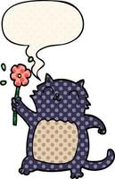 chat de dessin animé et fleur et bulle de dialogue dans le style de la bande dessinée vecteur