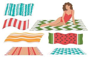 fille avec un ensemble de serviettes de plage pour bronzer. doodle clipart plat. tous les objets sont repeints. vecteur