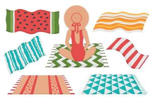 fille avec un ensemble de serviettes de plage pour bronzer. doodle clipart plat. tous les objets sont repeints. vecteur