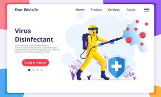 Travailleur en combinaison de matières dangereuses pulvérisant la page de destination du désinfectant vecteur