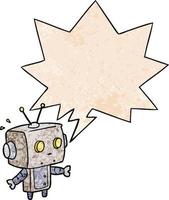 dessin animé mignon robot surpris et bulle de dialogue dans un style de texture rétro vecteur