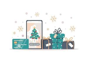 bannière de vente de noël, achats en ligne à l'aide d'un smartphone vecteur