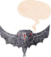 chauve-souris vampire heureuse de dessin animé et bulle de dialogue dans un style texturé rétro vecteur