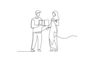 un seul dessin au trait un homme musulman donne un cadeau surprise à sa femme hijabi. notion de boîte-cadeau. illustration vectorielle graphique de conception de dessin en ligne continue. vecteur