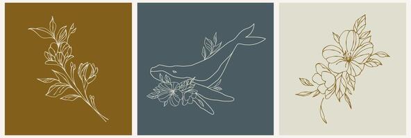 modèle de logo dans un style linéaire. baleine avec des fleurs. illustration ésotérique dans un style rétro vecteur