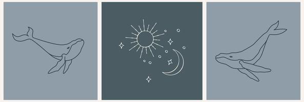 modèle de logo dans un style doré linéaire. baleine avec la lune. illustration ésotérique avec la lune et les étoiles vecteur