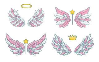 collection d'ailes d'ange dans un joli style de petite princesse, palette rose et blanche. accessoires magiques - baguette, couronne et halo. illustration vectorielle isolée sur blanc.