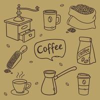 ensemble d'illustrations vectorielles de doodle dessinées à la main de contour de café. ustensiles, équipements et outils pour divers types de préparation du café. broyeur linéaire, cafetière, tasse et mug, sac de grains de café vecteur