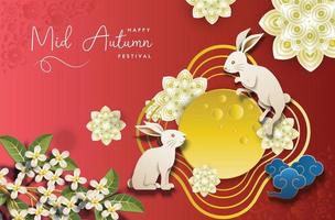 carte de voeux du festival chinois de la mi-automne avec la lune, le lapin et les fleurs