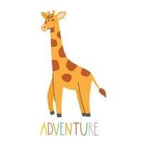 girafe mignonne avec aventure de lettrage sur fond blanc. illustration enfantine de vecteur