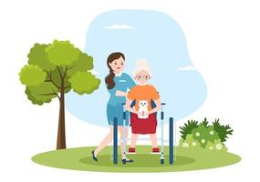 services de soins aux personnes âgées illustration plate de dessin animé dessiné à la main avec soignant, maison de retraite, vie assistée et conception de soutien vecteur