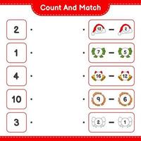comptez et faites correspondre, comptez le nombre de rubans, de chapeaux, de cloches de Noël, de biscuits et faites correspondre les bons chiffres. jeu éducatif pour enfants, feuille de calcul imprimable, illustration vectorielle vecteur